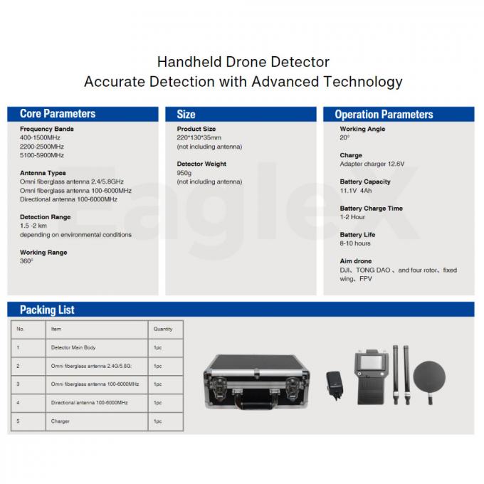 Máy phát hiện máy bay không người lái DJI cầm tay 3000 mét FPV 400MHz 2.4GHz 5.2G 5.8G Khám phá di động 0